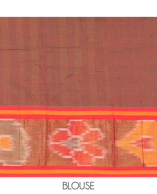Red dual-tone plain Narayanpet cotton saree, contrast ikkat floral design border & striped pallu