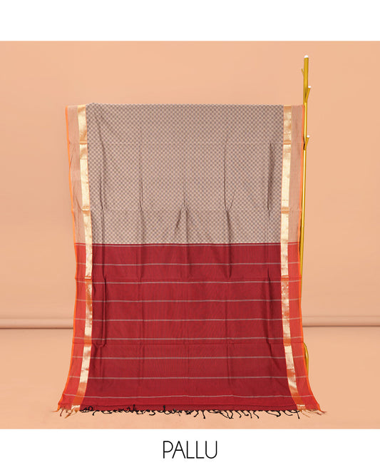 Grey Checked Poly Cotton Saree, Complemented by a Contrast Zari Border, Contrast Striped Pallu, and Paired with a Contrast Blouse