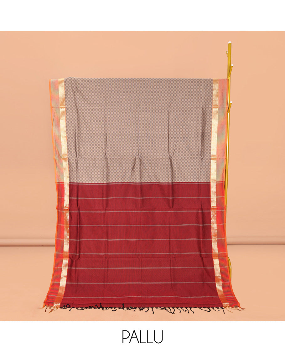 Grey Checked Poly Cotton Saree, Complemented by a Contrast Zari Border, Contrast Striped Pallu, and Paired with a Contrast Blouse
