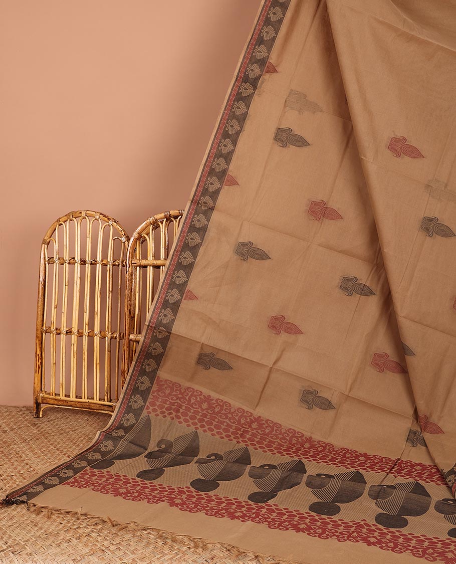 Dark sandal Coimbatore cotton saree with buttas, unique motifs steeped border & pallu