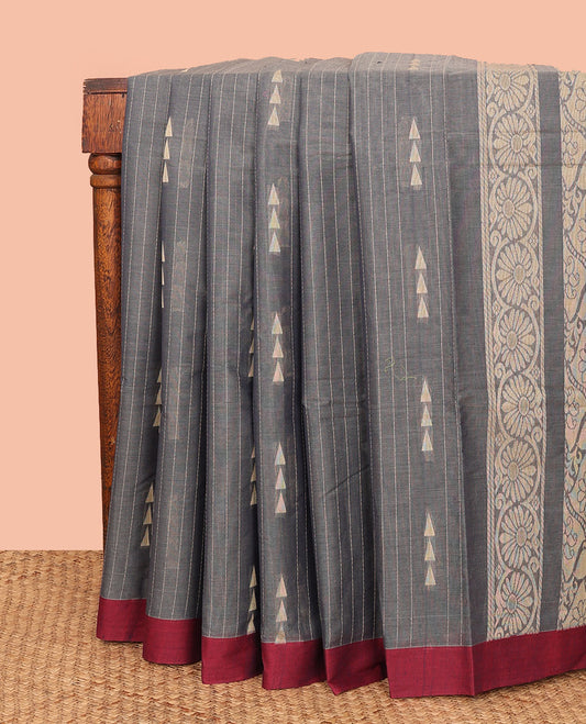 Grey Kanchi Cotton Saree, Woven with Stripes and Buttas All Over Its Body, Complemented by Contrast Border, Pallu of Jaal Designs, and Paired with a Matching Blouse