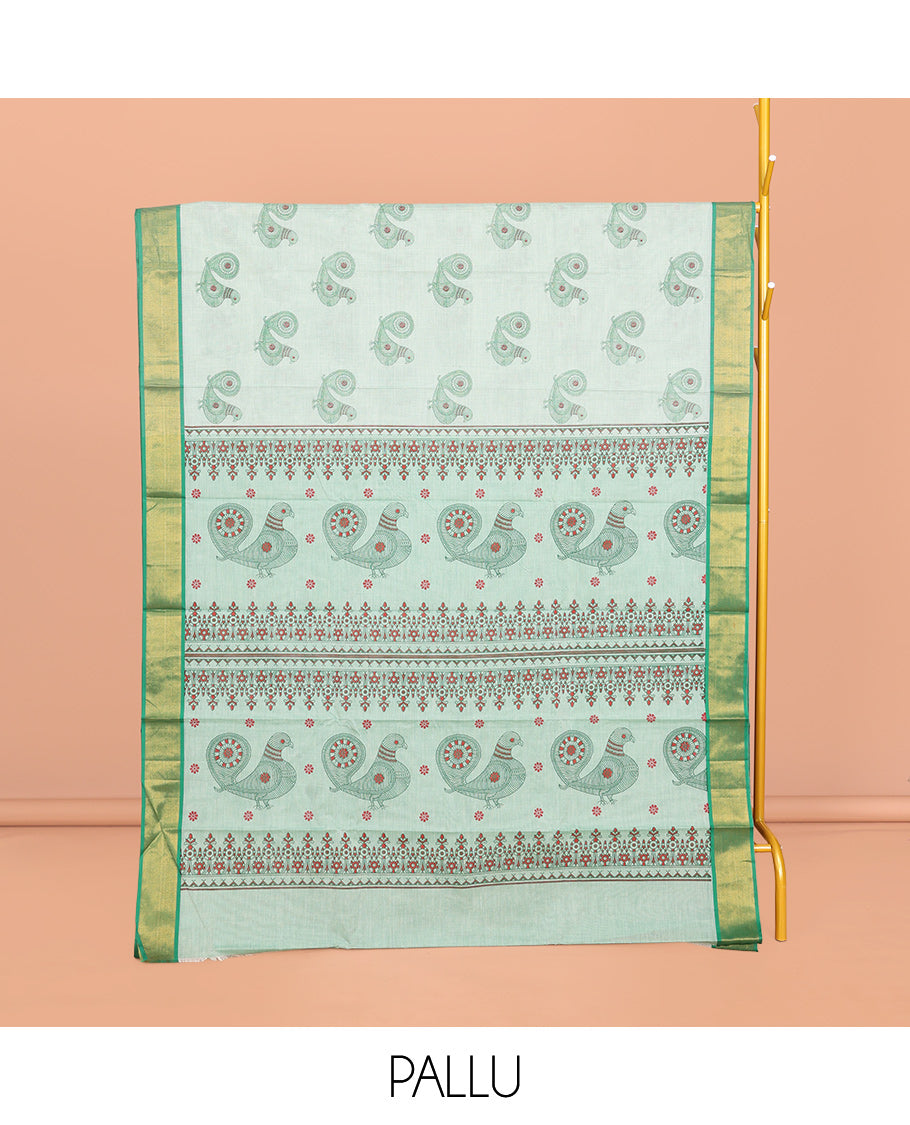 Green Andhra Cotton Saree, Detailed with Bird Motifs Print, a Contrast Zari Border, a Pallu of Bird-Print, and a Matching Blouse
