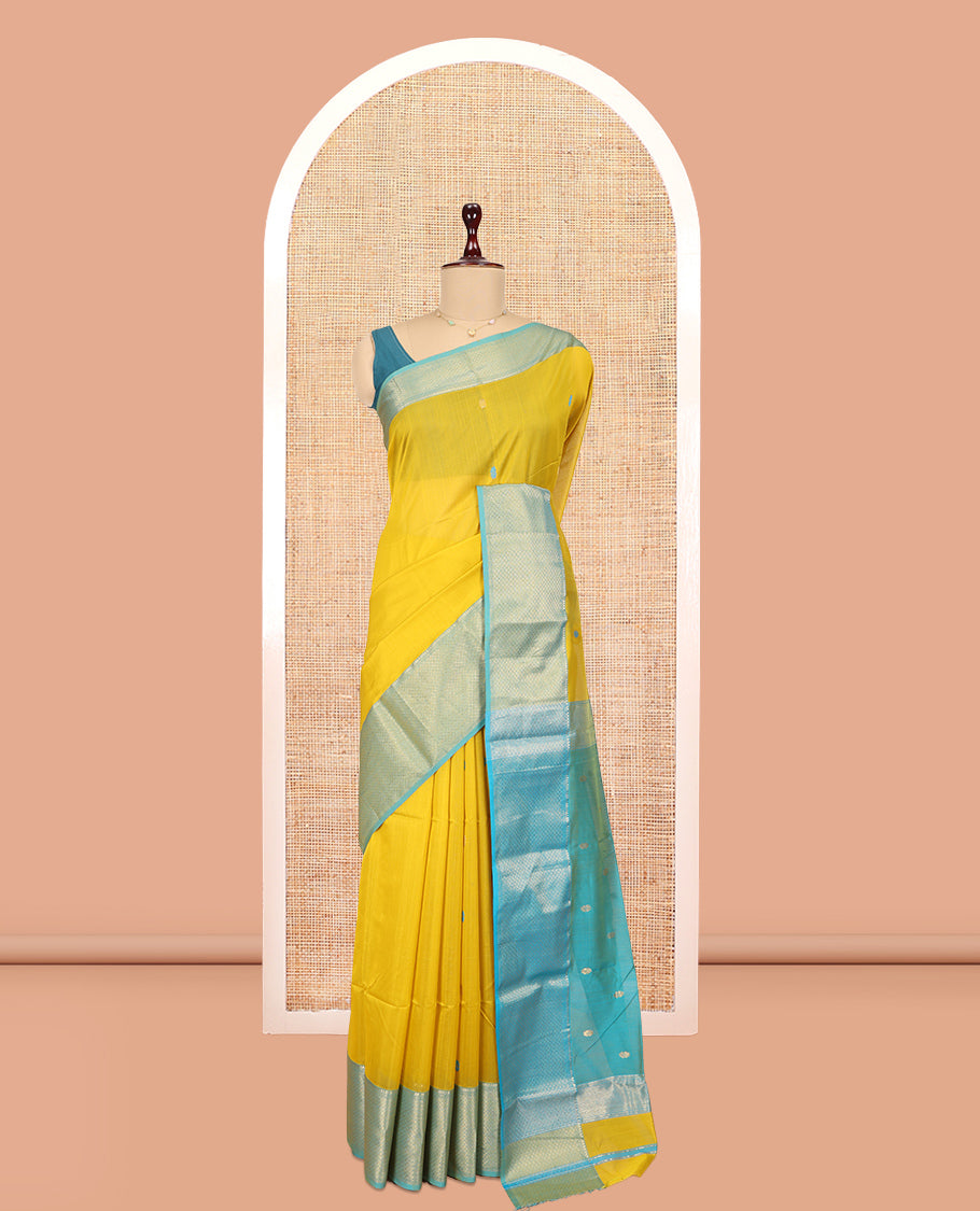 Yellow Maheshwari Cotton Saree, Woven with Zari Buttas, a Contrast Traditional Zari Border, Pallu of Zari Buttas, and a Contrast Blouse