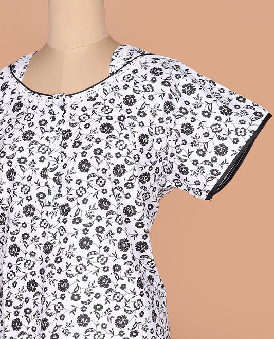 White floral vine printed with boat neck lace work half-sleeve cotton nighty