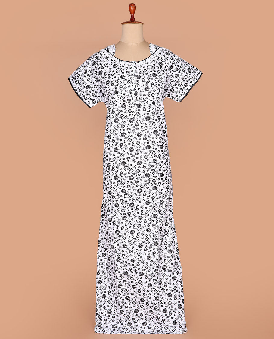 White floral vine printed with boat neck lace work half-sleeve cotton nighty