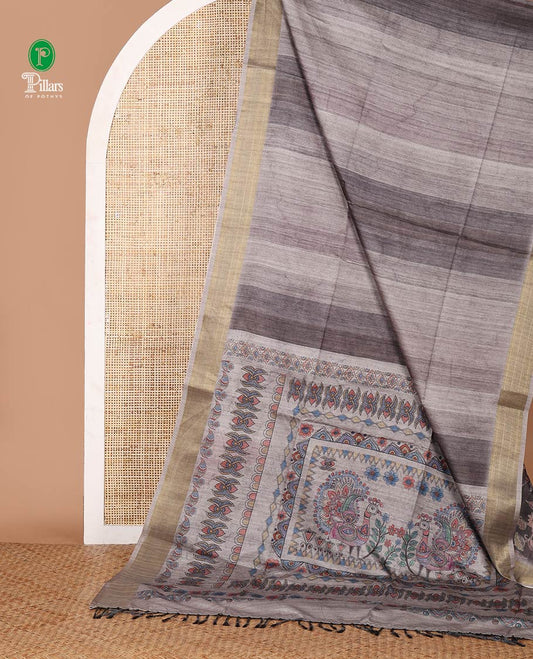 Grey hand-brush-dye theme printed semi-tusser silksaree,bavanji zari border,Madhubani printed pallu & floral print blouse