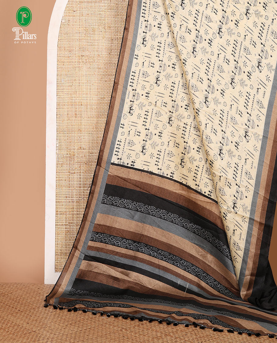 Chikku warli-village theme motifs printed khadi cotton saree, contrast multi-color border, paisley printed pallu & plain blouse