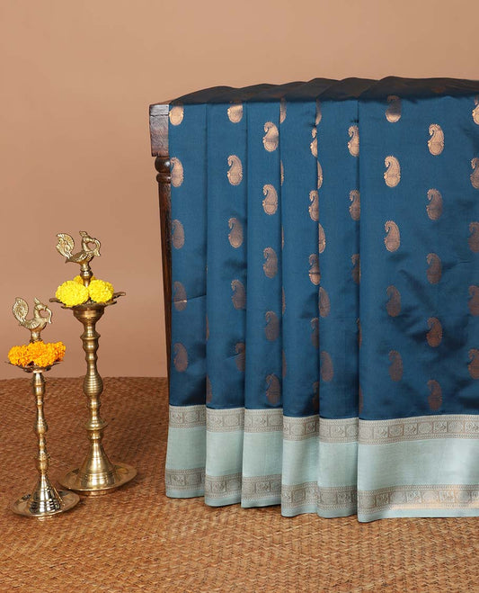 Blue with sea green mango butta zari design litchi soft silk saree with contrast bentex traditional border & rich weaving pallu along with brocade blouse
