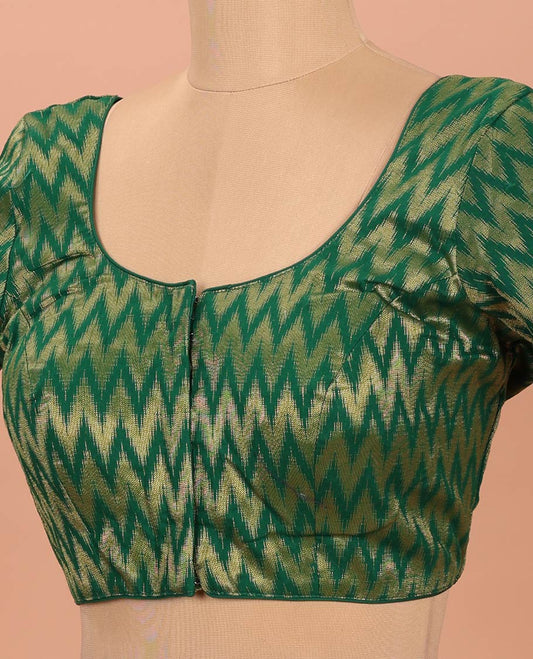 Green Readymade Blouse Gleamed Up with Chevron Zari Stripes, Featuring a Front Round-Neck, Back Round-Neck, and Elbow Sleeves