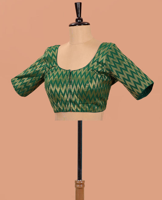 Green Readymade Blouse Gleamed Up with Chevron Zari Stripes, Featuring a Front Round-Neck, Back Round-Neck, and Elbow Sleeves