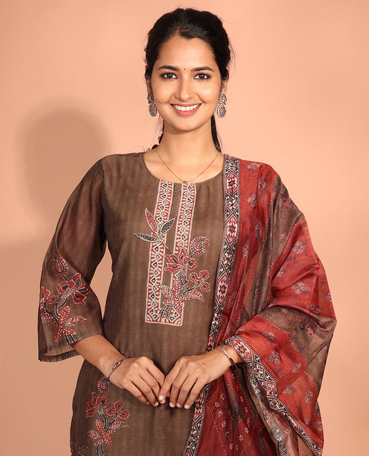 Brown Chanderi Silk Readymade Suit