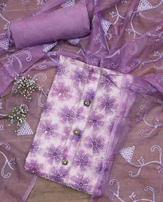 Purple material chudidar set, floral print with sequins embroidery top, plain bottom, and paisley vine sequins embroidered dupatta