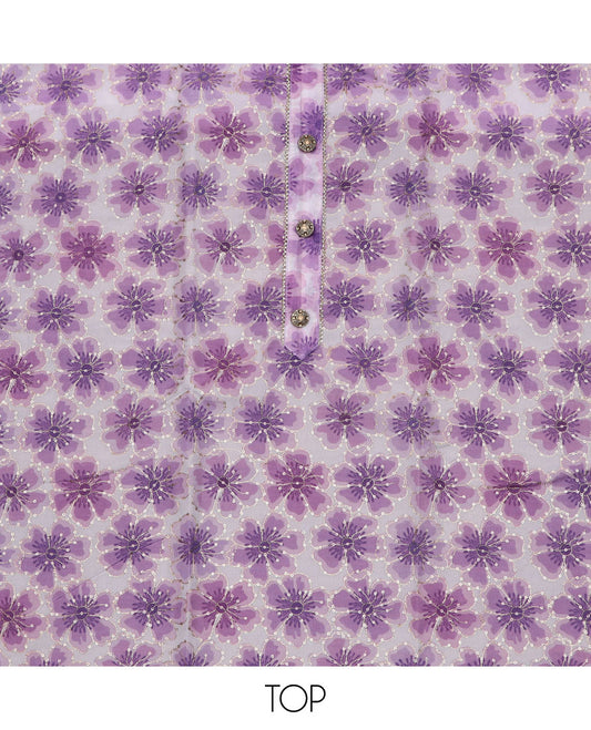 Purple material chudidar set, floral print with sequins embroidery top, plain bottom, and paisley vine sequins embroidered dupatta