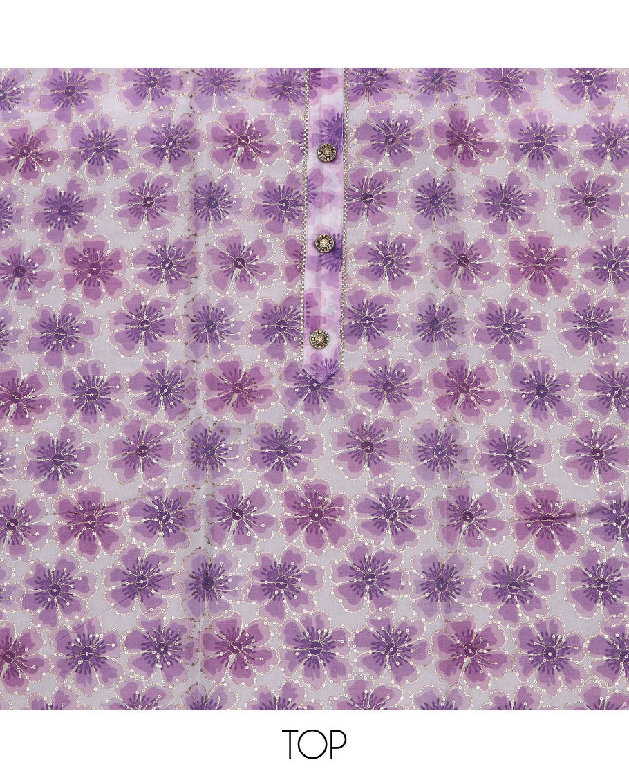 Purple material chudidar set, floral print with sequins embroidery top, plain bottom, and paisley vine sequins embroidered dupatta