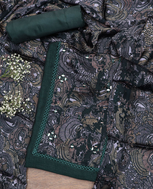 Deep forest green material chudidar set, abstract printed with mirror work top, plain bottom and abstract printed dupatta