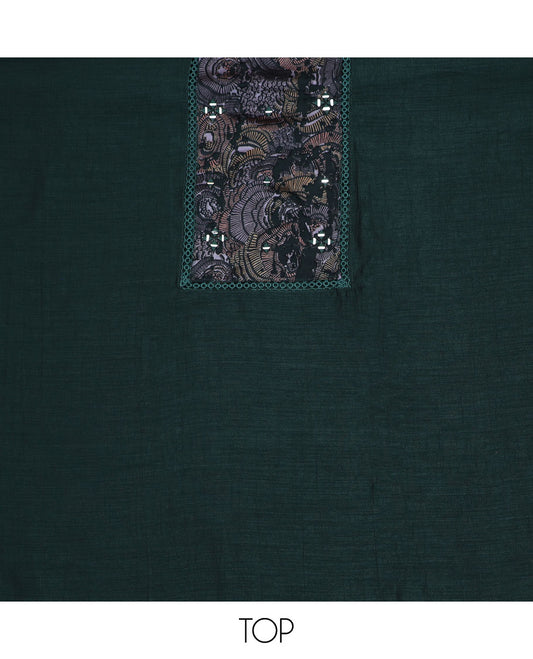 Deep forest green material chudidar set, abstract printed with mirror work top, plain bottom and abstract printed dupatta