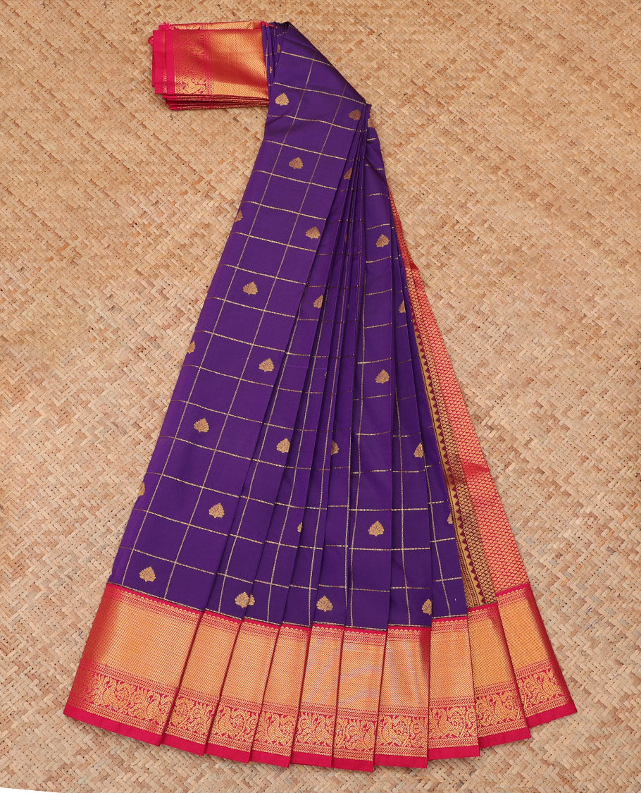 Violet Budget Silk Saree, Beautified with Zari Butta Enclosed Checks, a Contrast Traditional Zari Border, Grand Pallu, and a Contrast Blouse