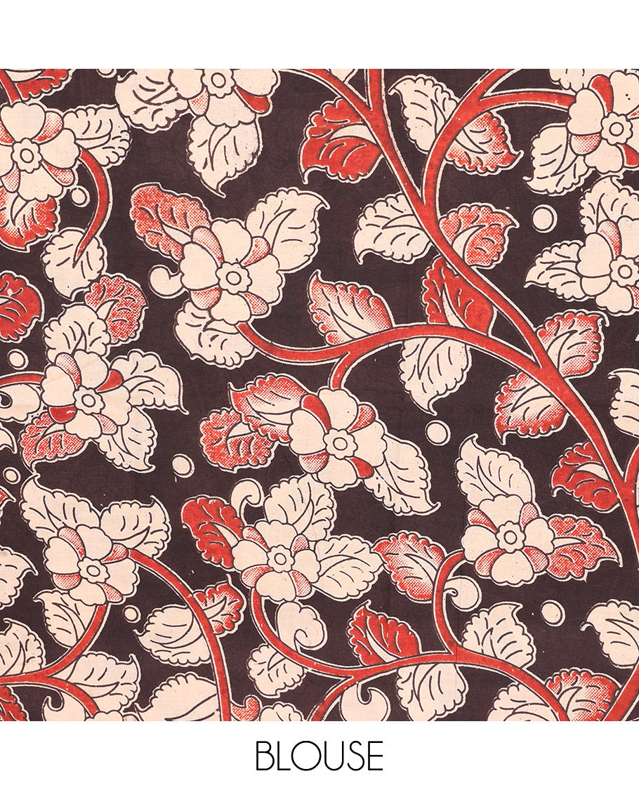 Black Pen Kalamkari-Style Floral Vine Printed Blouse Material
