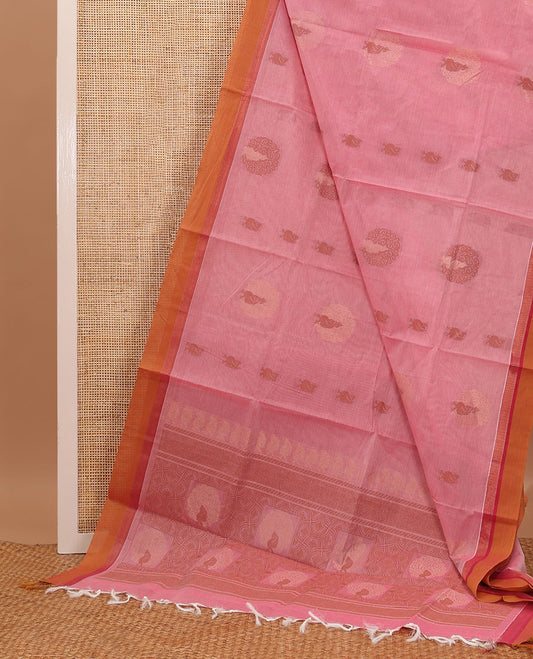 Pink round buttas Coimbatore cotton saree,  contrast plain border & geometric patterned pallu