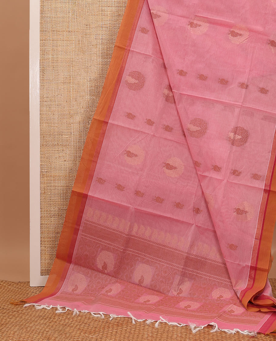 Pink round buttas Coimbatore cotton saree,  contrast plain border & geometric patterned pallu