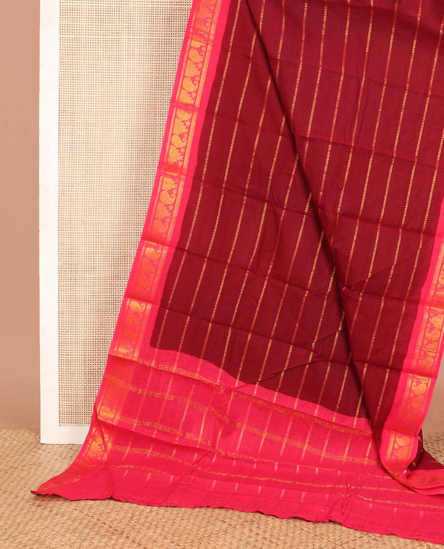 Crimson veldhari striped Sungudi cotton saree, contrast temple-manga zari border & zari striped pallu