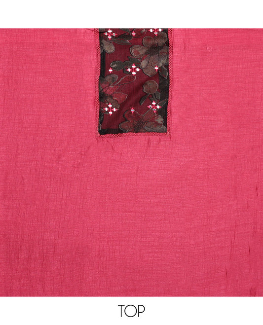 Pink material chudidar set, plain with patch embroidered work top, plain bottom, and floral printed dupatta