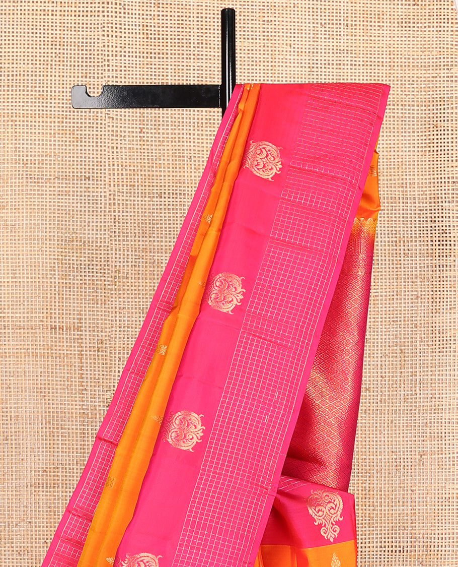 Orange zari buttas Vasundhara silk mix saree, contrast zari design border, and jaal pallu