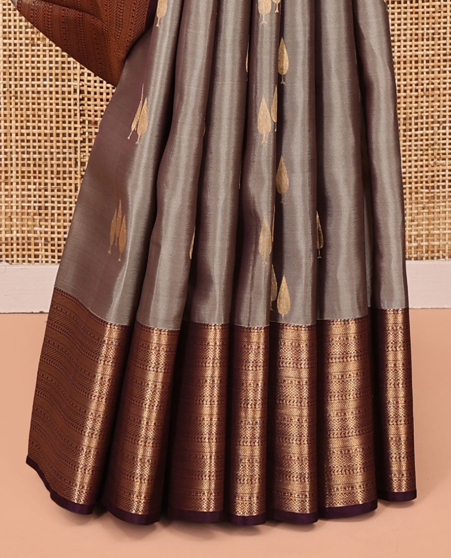 Grey Vasundhara Lite Silk Mix Saree, Featuring Zari Buttas All Over Its Body, Complemented by Contrast Border of Manga, Kathir, and Vanki Designs, Chevron Design Pallu, and Paired with a Contrast Blouse