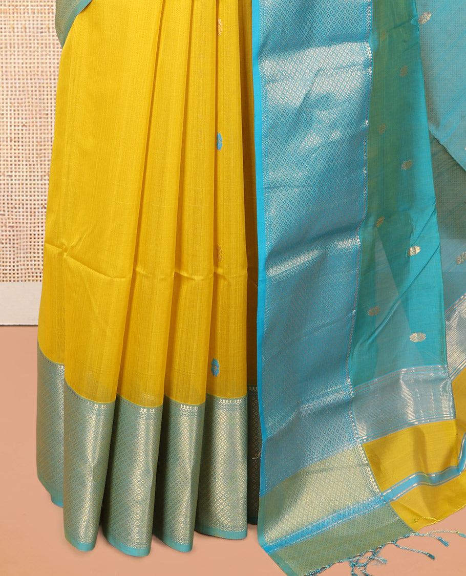 Yellow Maheshwari Cotton Saree, Woven with Zari Buttas, a Contrast Traditional Zari Border, Pallu of Zari Buttas, and a Contrast Blouse