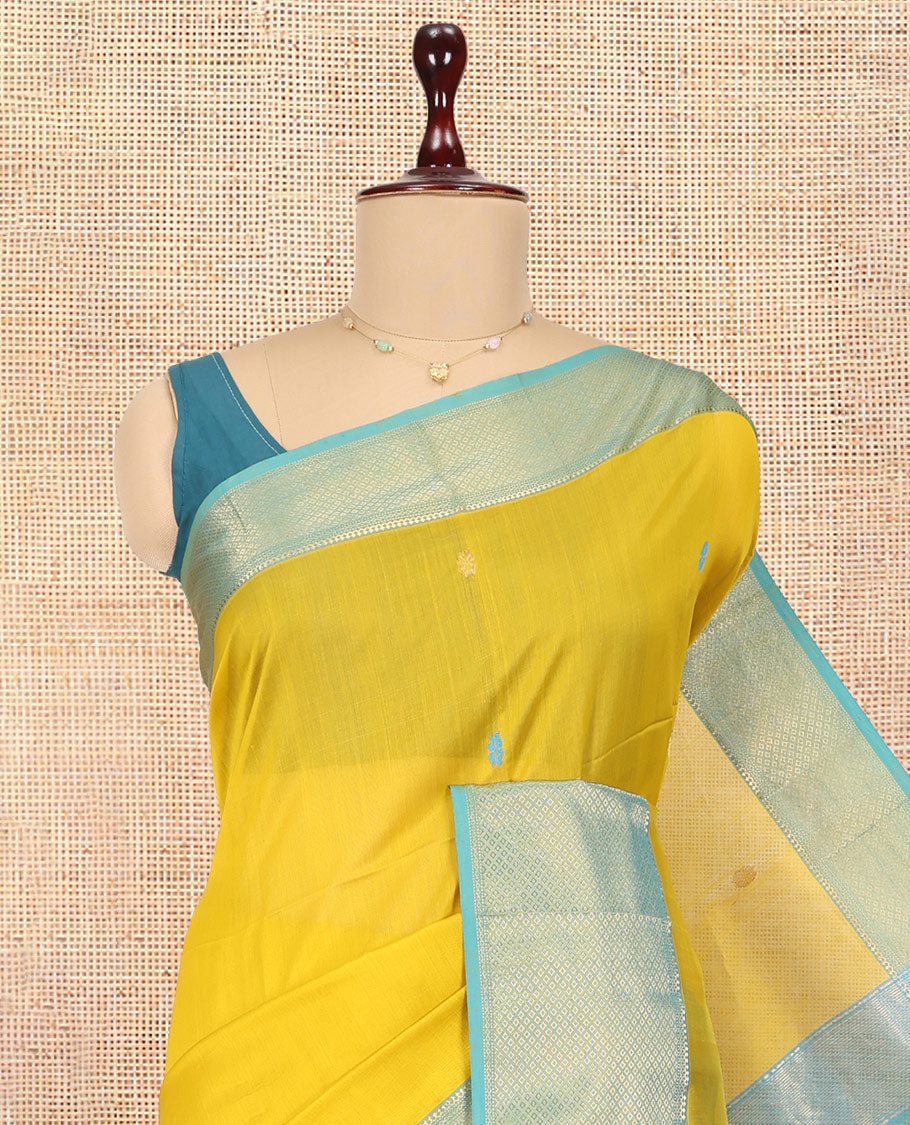 Yellow Maheshwari Cotton Saree, Woven with Zari Buttas, a Contrast Traditional Zari Border, Pallu of Zari Buttas, and a Contrast Blouse