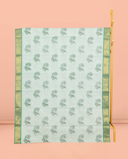 Green Andhra Cotton Saree, Detailed with Bird Motifs Print, a Contrast Zari Border, a Pallu of Bird-Print, and a Matching Blouse