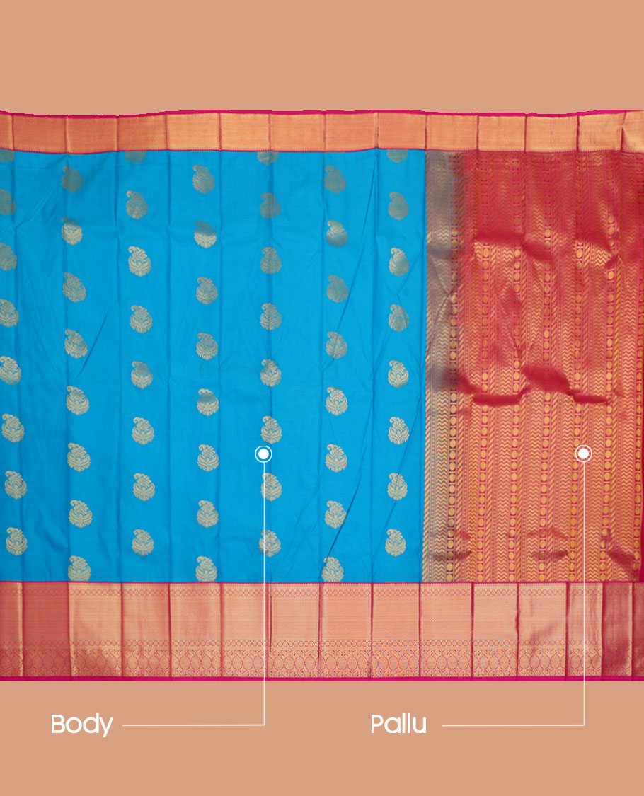 Blue Budget Silk Saree, Elevated with Buttas All Over Its Body, Complemented by a Contrast Traditional Zari Design Border, Pallu of Chevron Designs, and Paired with a Contrast Blouse