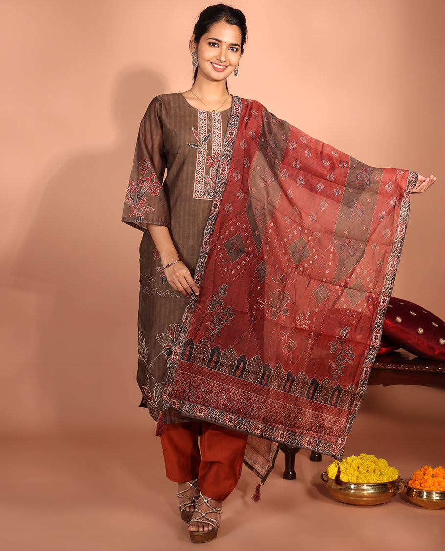 Brown Chanderi Silk Readymade Suit