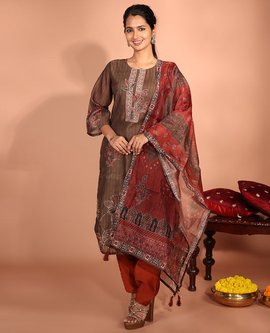 Brown Chanderi Silk Readymade Suit