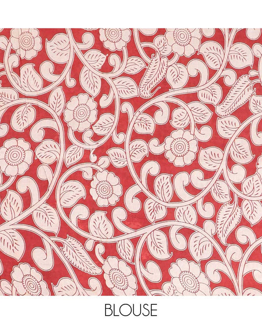 Brown floral & bird machine-print kalamkari cotton saree, contrast diamond border & floral & geometric pallu
