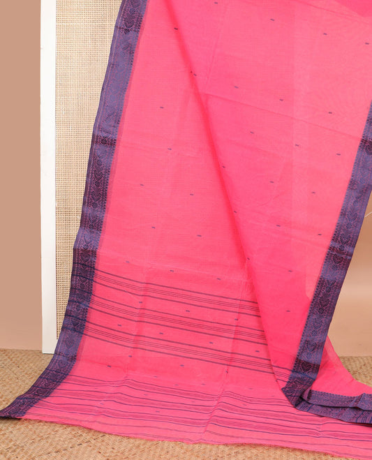 Pink motifs bengal cotton saree with contrast floral zari design border & striped, motifs pallu
