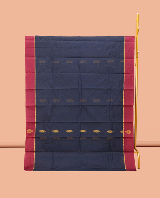 Blue Kanchi Cotton Saree, Woven with Buttas, Complemented by a Contrast Border, Intricate Pallu, and a Matching Blouse
