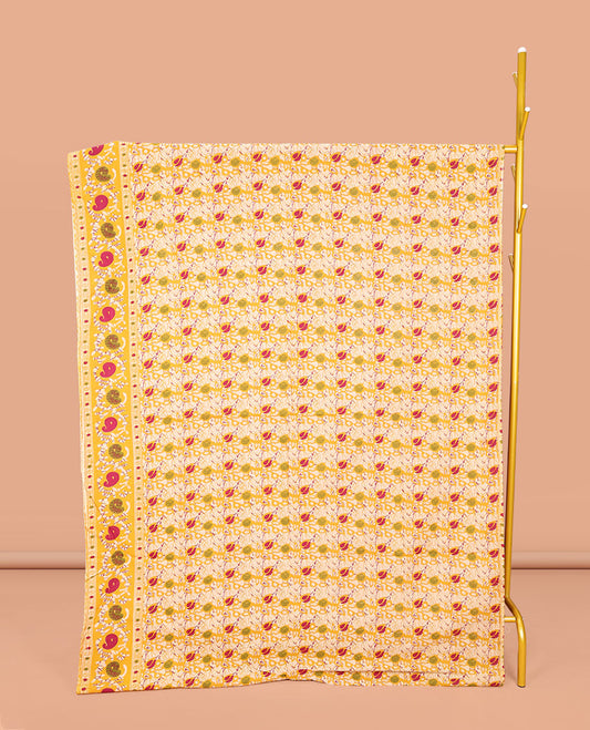 Yellow Machine-Printed Kalamkari Cotton Saree, Decked Up with Batik Vines on Its Body, Highlighted by a Self-Border of Batik Paisley Print, Pallu of Floral-Peacock Print, and Paired with a Printed Blouse