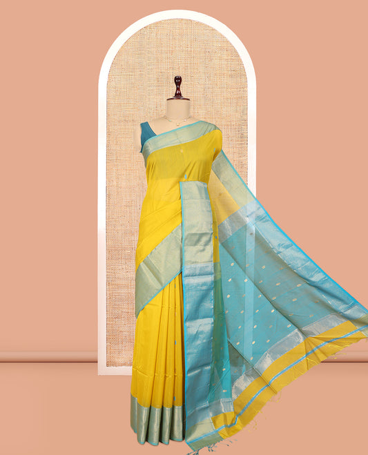 Yellow Maheshwari Cotton Saree, Woven with Zari Buttas, a Contrast Traditional Zari Border, Pallu of Zari Buttas, and a Contrast Blouse