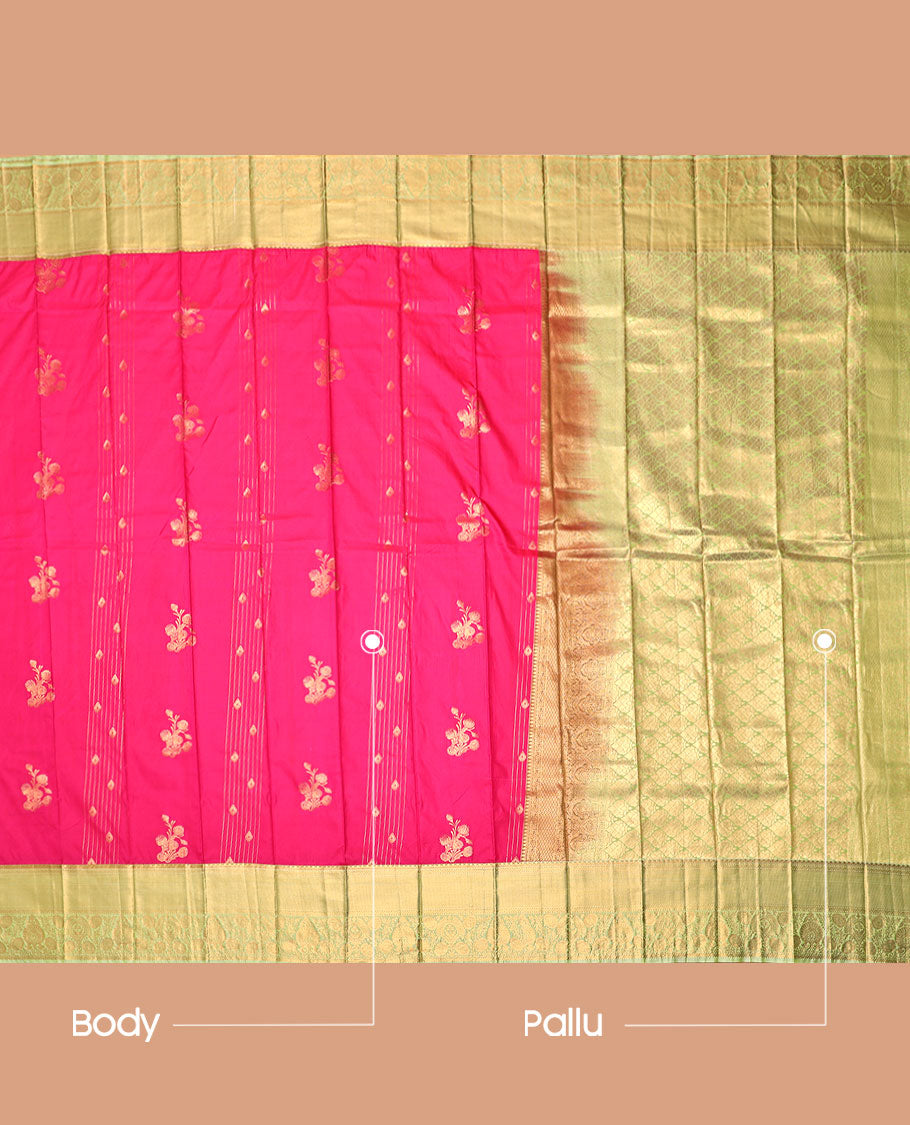 Pink Budget Silk Saree, Accentuated with Zari Buttas, Complemented by Contrast Traditional Zari Border, a Jaal Pallu and a Contrast Blouse