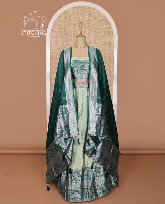 Mint green floral jaal tissue half saree with contrast floral design border, zari design blouse & floral design dhavani