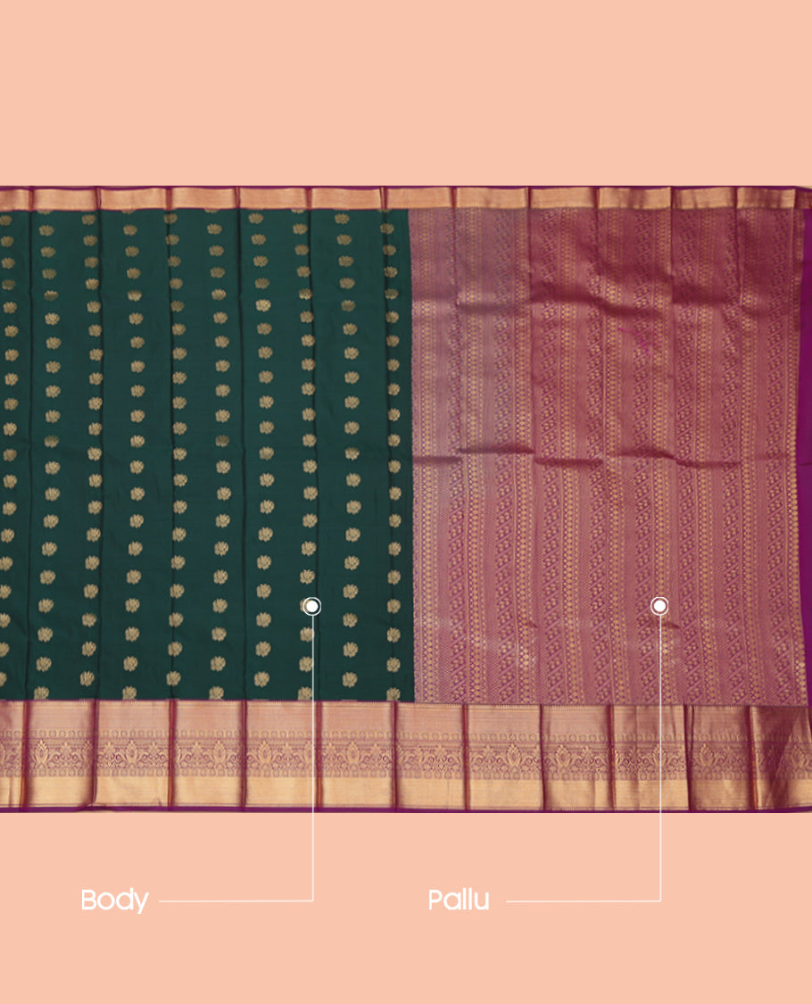 Green Budget Silk Saree, Enriched with Zari Buttas, Complemented by a Contrast Traditional Zari Border, Grand Pallu, and a Contrast Blouse