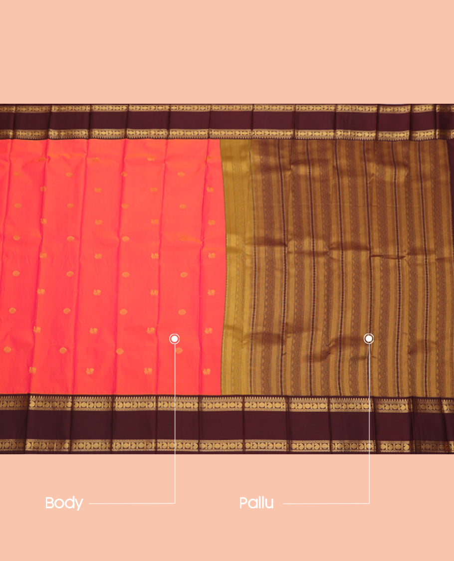 Orange Budget Silk Saree, Detailed with Zari Buttas, Complemented by a Contrast Traditional Zari Rettai Pettu Border, Grand Pallu, and Contrast Blouse