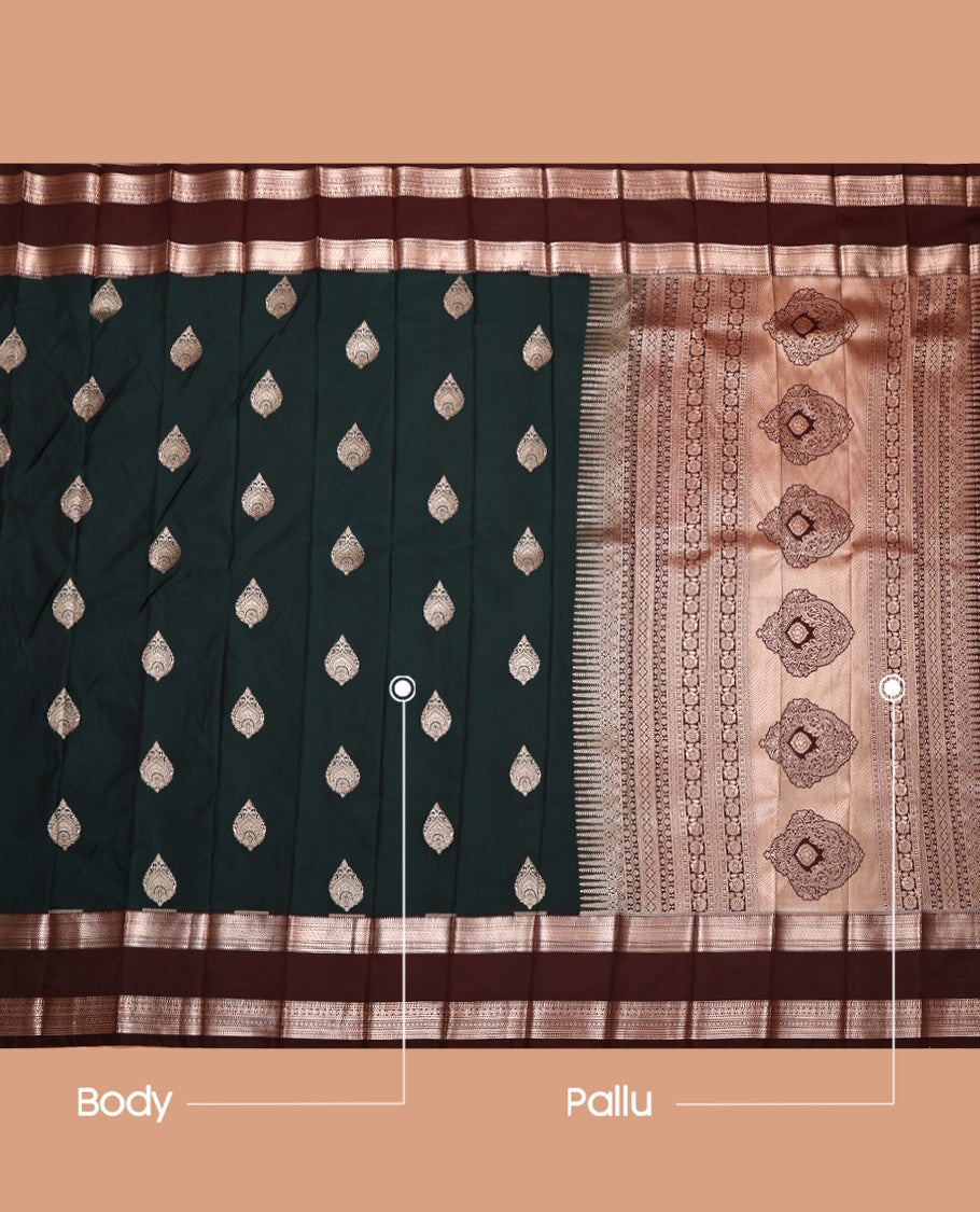 Green Budget Silk Saree, Boldly Accentuated with Zari Buttas, Complemented by a Contrast Traditional Zari Rettai Pettu Border, Grand Pallu, and Contrast Blouse