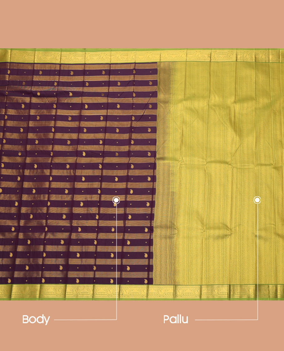 Maroon Budget Silk Saree, Elevated with Zari Buttas and Stripes, Complemented by a Contrast Traditional Zari Border, Geometric Pallu, and Contrast Blouse