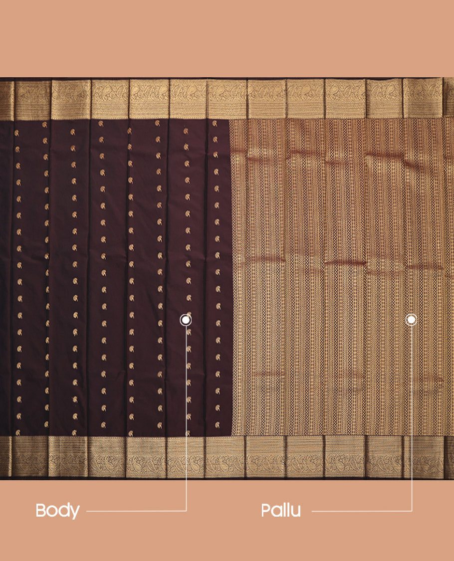 Brown Budget Silk Saree, Ornamented with Zari Buttas, Highlighted by a Traditional Zari Border, Geometric Pallu, and a Matching Blouse