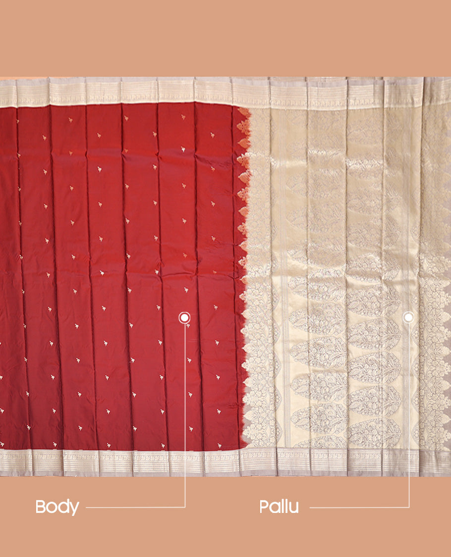 Maroon Budget Silk Saree, Gleamed Up with Zari Buttas, Captivating Contrast Traditional Zari Design Border, Pallu of Intricate Design, and Has a Contrast Blouse
