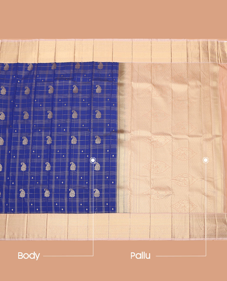 Blue Budget Silk Saree, Elevated with Zari Buttas Enclosed Checked Designs On Its Body, Complemented by Captivating Contrast Border of Traditional Zari Designs, Grand Pallu and Paired with a Contrast Blouse