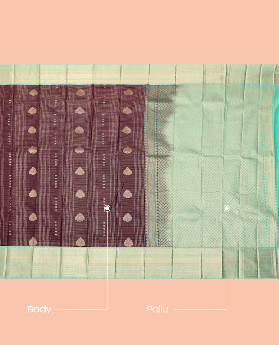 Brown Budget Silk Saree, Detailed with Zari Butta Enclosed Checks, a Contrast Traditional Zari Design Border, Grand Pallu, and a Contrast Blouse