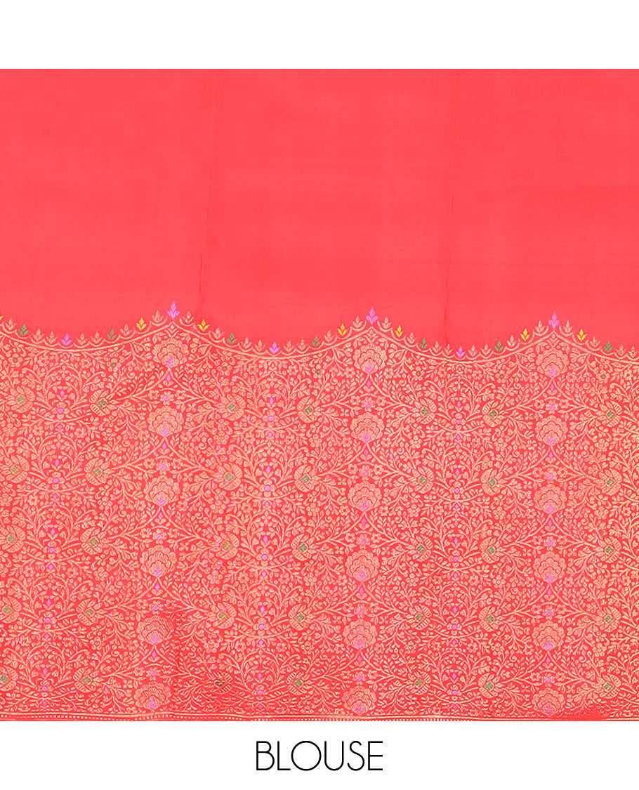 Red star motifs Kanchipuram silksaree, meenakari floral jaal design, zari border & diagonal leaf vine pallu